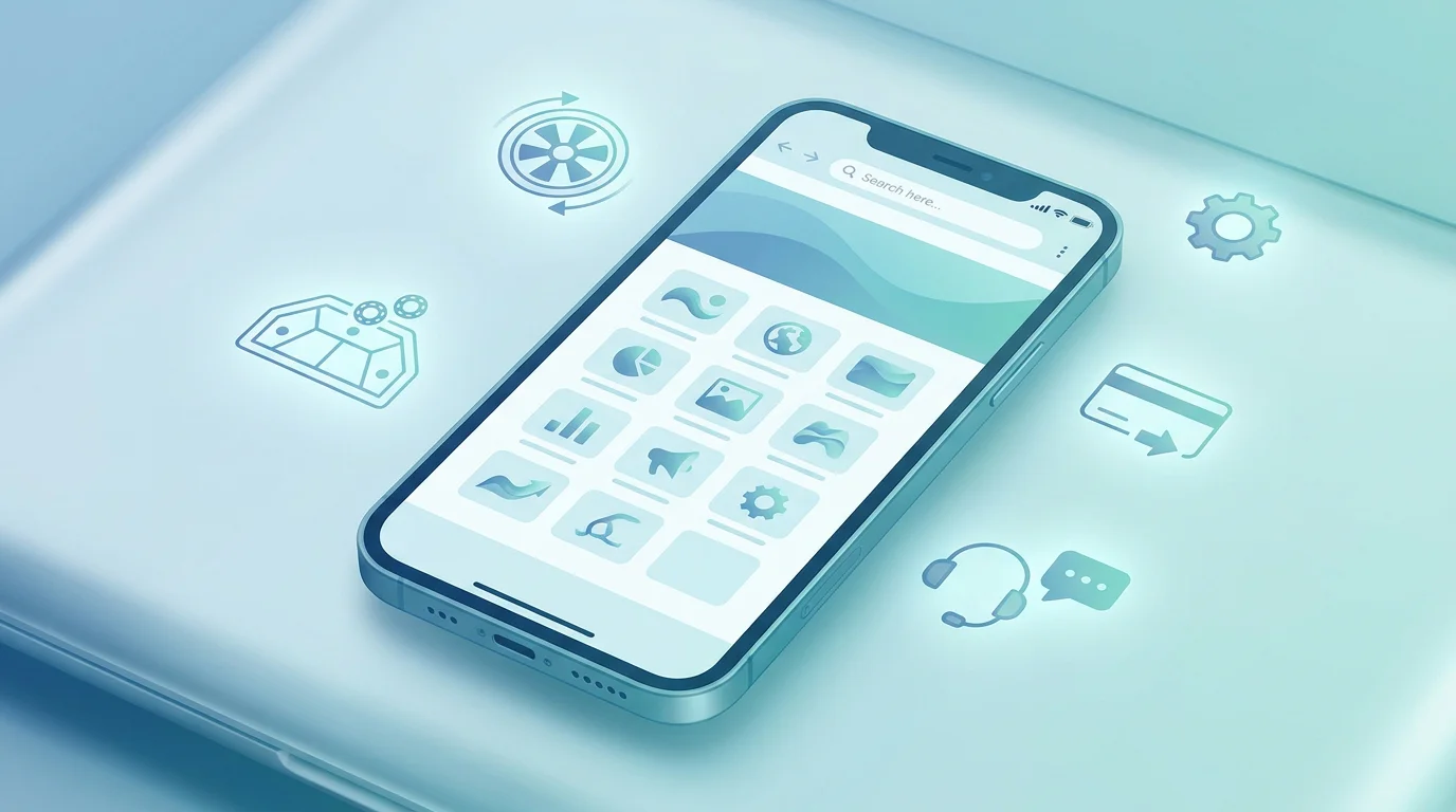 Illustratie van een smartphone met een generiek browservenster en abstracte casino-categorieën zonder OctoCasino-logo of app-store badges