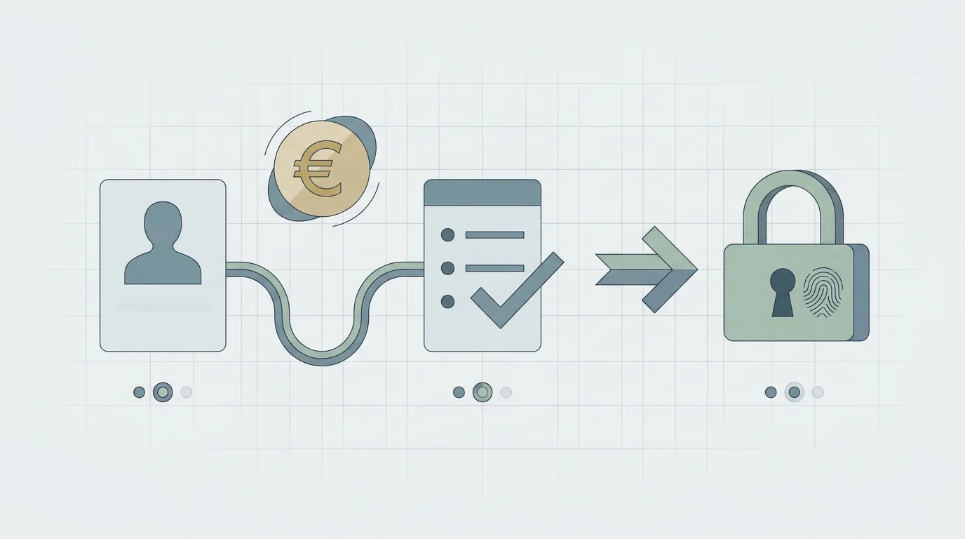 Illustratie van een generieke accountaanmaak met profielgegevens, euro, voorwaarden, betaling en verificatie zonder casino-interface