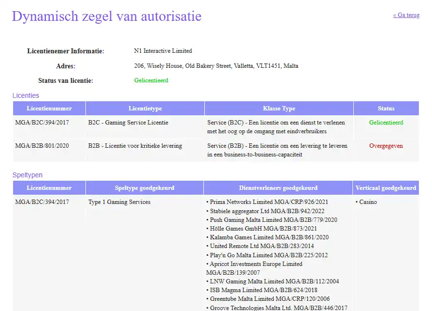Officiële MGA-autorisatiepagina voor N1 Interactive Limited met licentiestatus en B2C-licentienummer