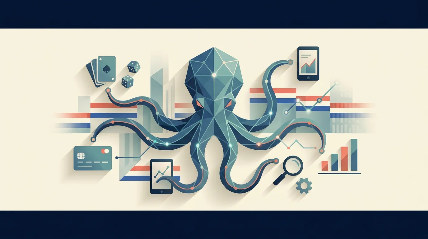 Abstracte visual voor een Nederlandse analyse van OctoCasino met generieke casino- en beoordelingssymbolen